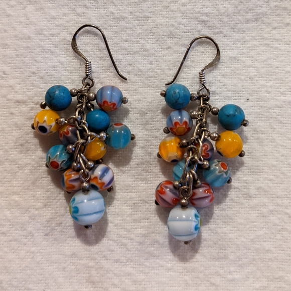 Sterling Silver Glass and Turquoise Bead Earrings - Picture 2 of 3